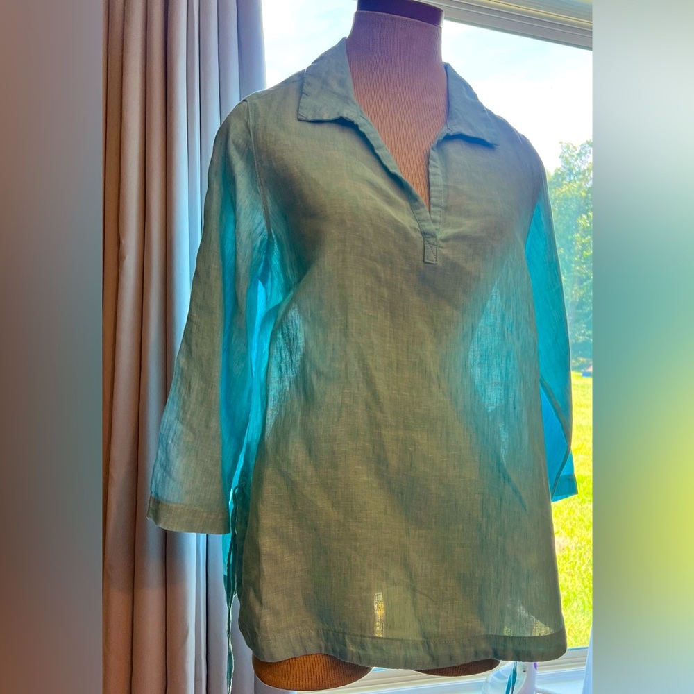 Sigrid Olsen size mall turquoise linen top no flaws